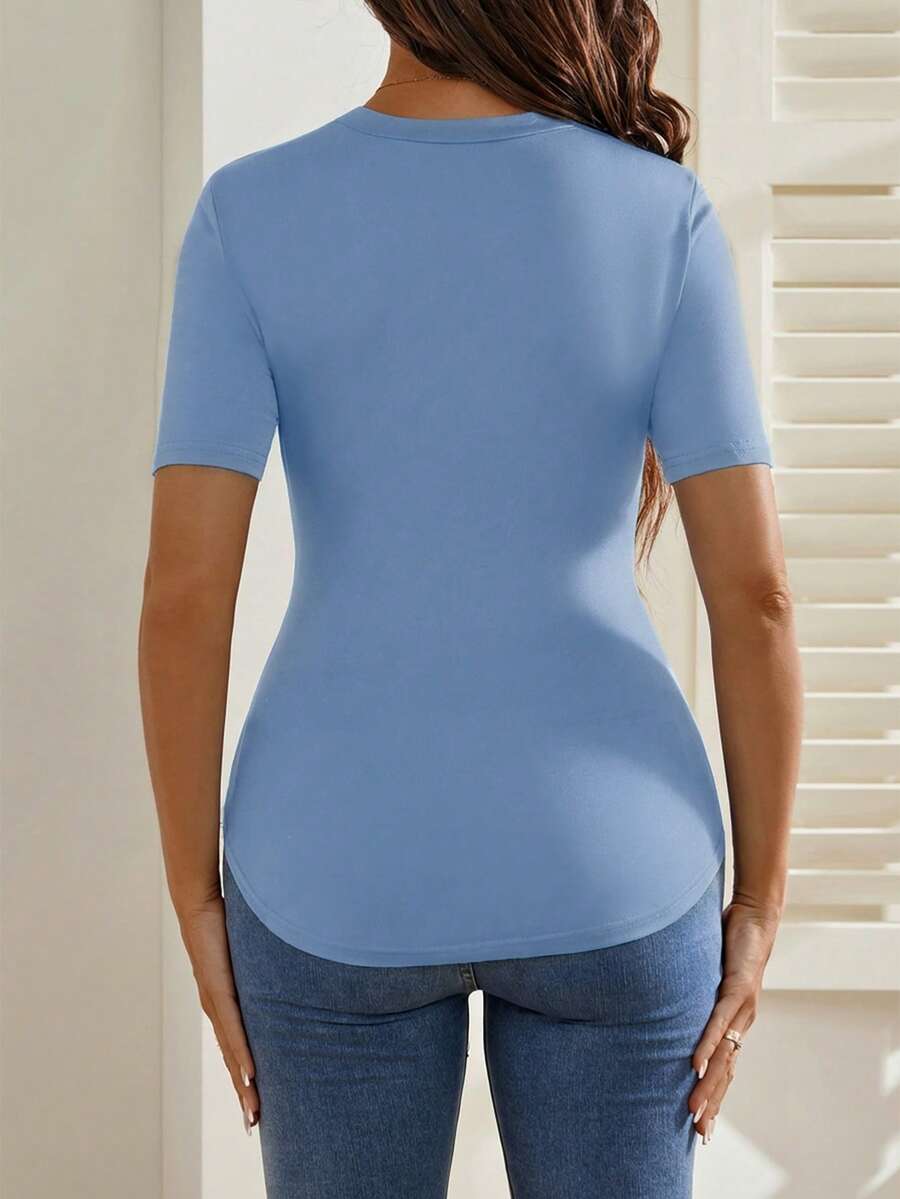 Maternity Cartoon Animal Print Short Sleeve T-Shirt - Blue Round Neck Ruched Side Casual Knit Top for Daily Wear
