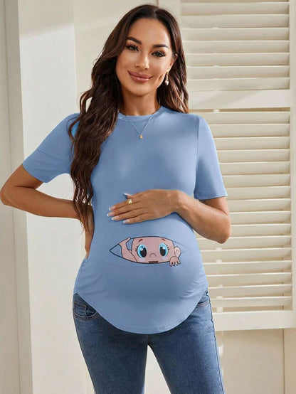 Maternity Cartoon Animal Print Short Sleeve T-Shirt - Blue Round Neck Ruched Side Casual Knit Top for Daily Wear