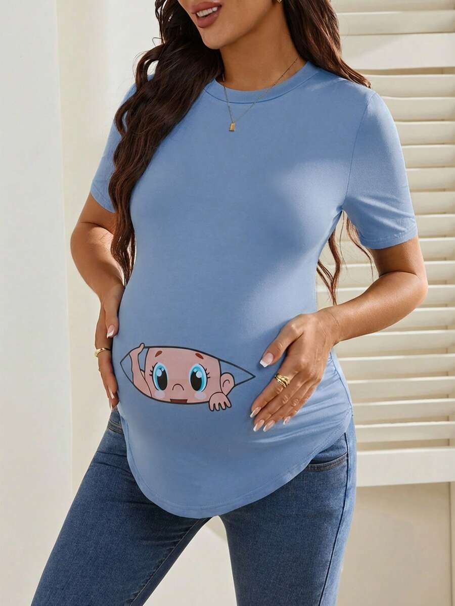 Maternity Cartoon Animal Print Short Sleeve T-Shirt - Blue Round Neck Ruched Side Casual Knit Top for Daily Wear