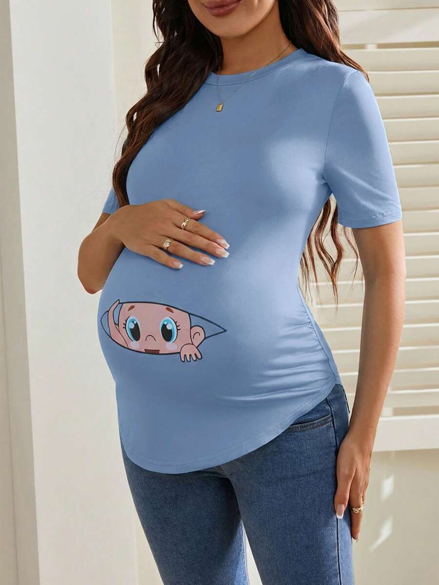 Maternity Cartoon Animal Print Short Sleeve T-Shirt - Blue Round Neck Ruched Side Casual Knit Top for Daily Wear