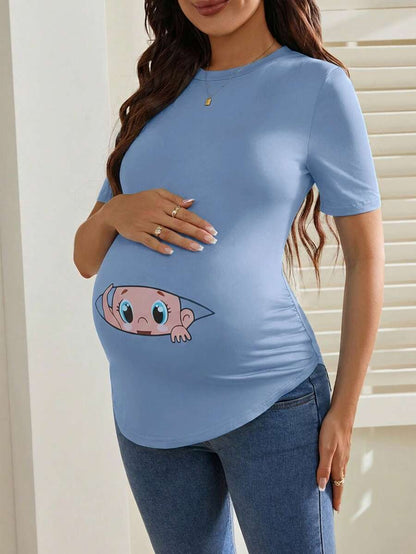 Maternity Cartoon Animal Print Short Sleeve T-Shirt - Blue Round Neck Ruched Side Casual Knit Top for Daily Wear
