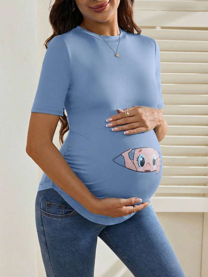 Maternity Cartoon Animal Print Short Sleeve T-Shirt - Blue Round Neck Ruched Side Casual Knit Top for Daily Wear