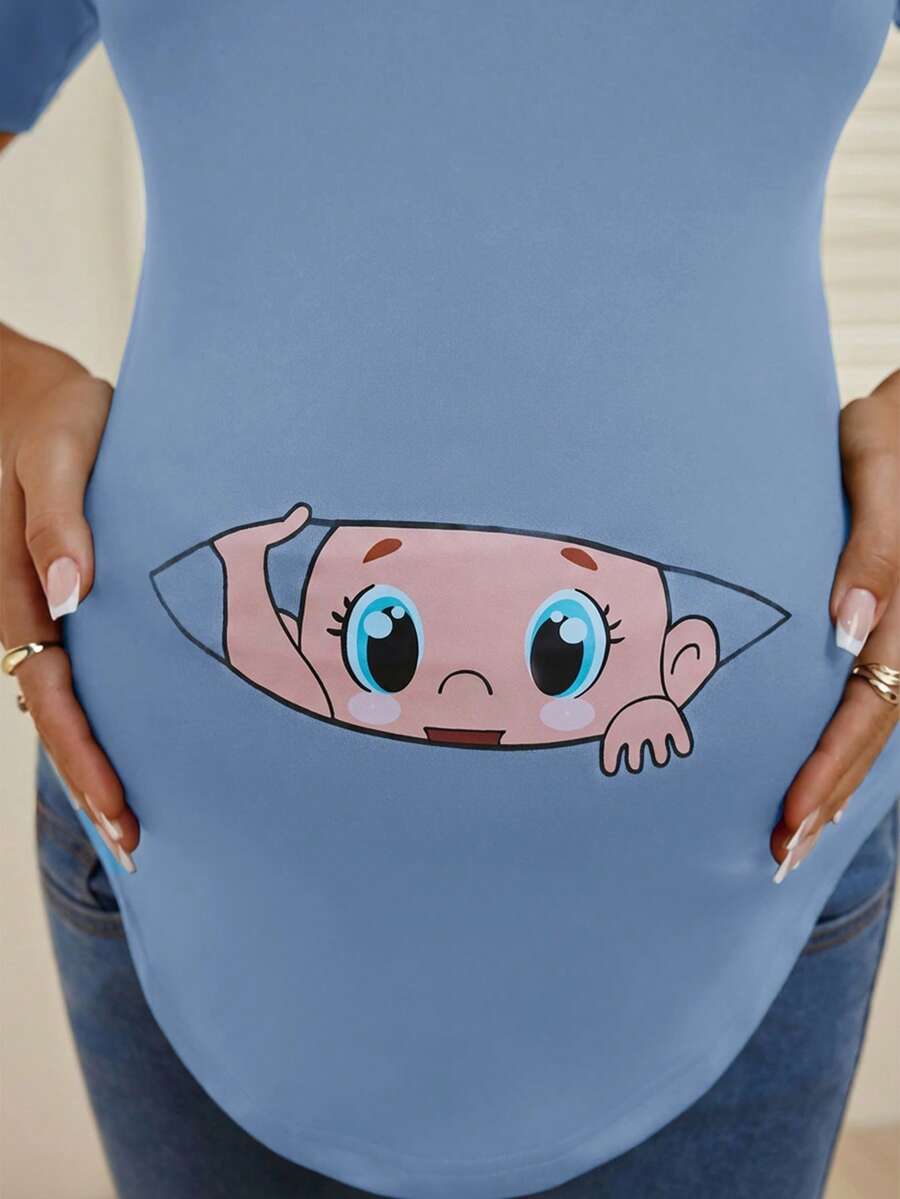 Maternity Cartoon Animal Print Short Sleeve T-Shirt - Blue Round Neck Ruched Side Casual Knit Top for Daily Wear