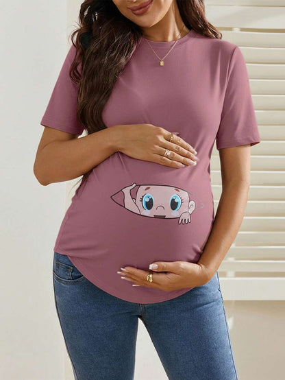 Maternity Cartoon Animal Print Short Sleeve T-Shirt - Blue Round Neck Ruched Side Casual Knit Top for Daily Wear