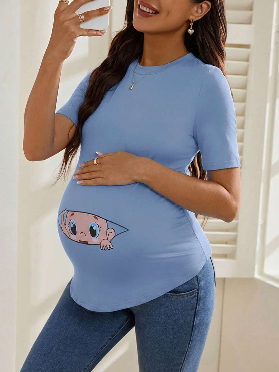 Maternity Cartoon Animal Print Short Sleeve T-Shirt - Blue Round Neck Ruched Side Casual Knit Top for Daily Wear