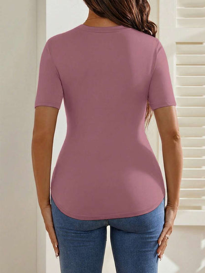 Maternity Cartoon Animal Print Short Sleeve T-Shirt - Blue Round Neck Ruched Side Casual Knit Top for Daily Wear