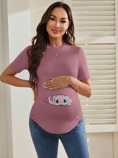 Maternity Cartoon Animal Print Short Sleeve T-Shirt - Blue Round Neck Ruched Side Casual Knit Top for Daily Wear