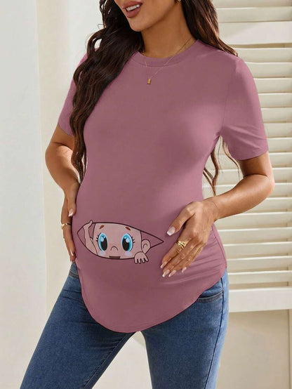 Maternity Cartoon Animal Print Short Sleeve T-Shirt - Blue Round Neck Ruched Side Casual Knit Top for Daily Wear