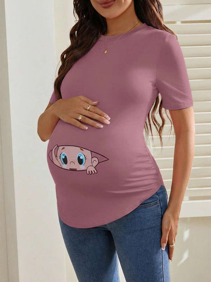 Maternity Cartoon Animal Print Short Sleeve T-Shirt - Blue Round Neck Ruched Side Casual Knit Top for Daily Wear