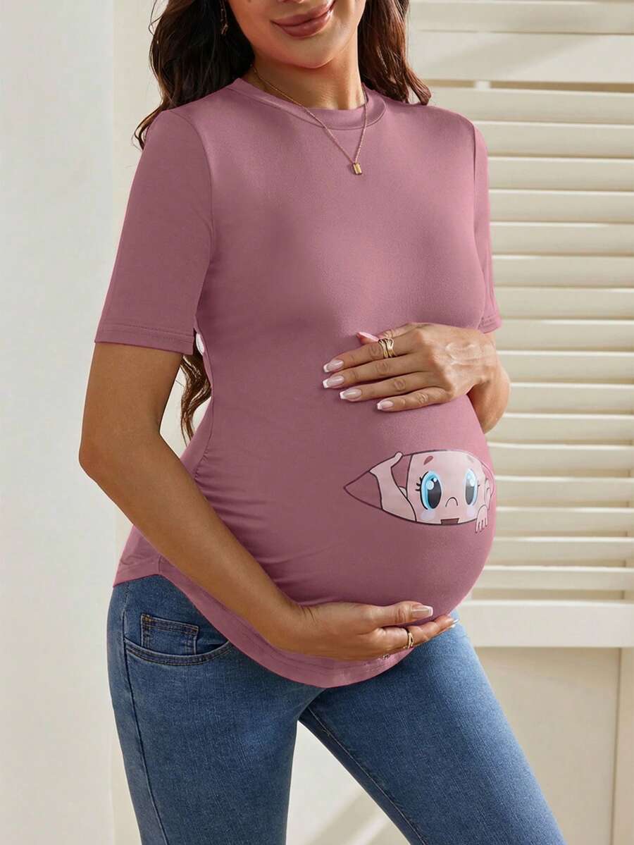 Maternity Cartoon Animal Print Short Sleeve T-Shirt - Blue Round Neck Ruched Side Casual Knit Top for Daily Wear
