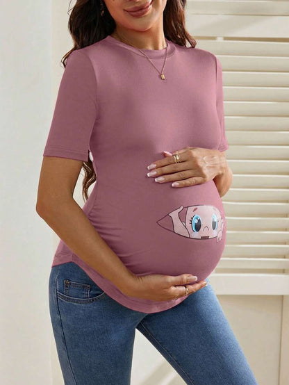 Maternity Cartoon Animal Print Short Sleeve T-Shirt - Blue Round Neck Ruched Side Casual Knit Top for Daily Wear