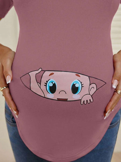 Maternity Cartoon Animal Print Short Sleeve T-Shirt - Blue Round Neck Ruched Side Casual Knit Top for Daily Wear