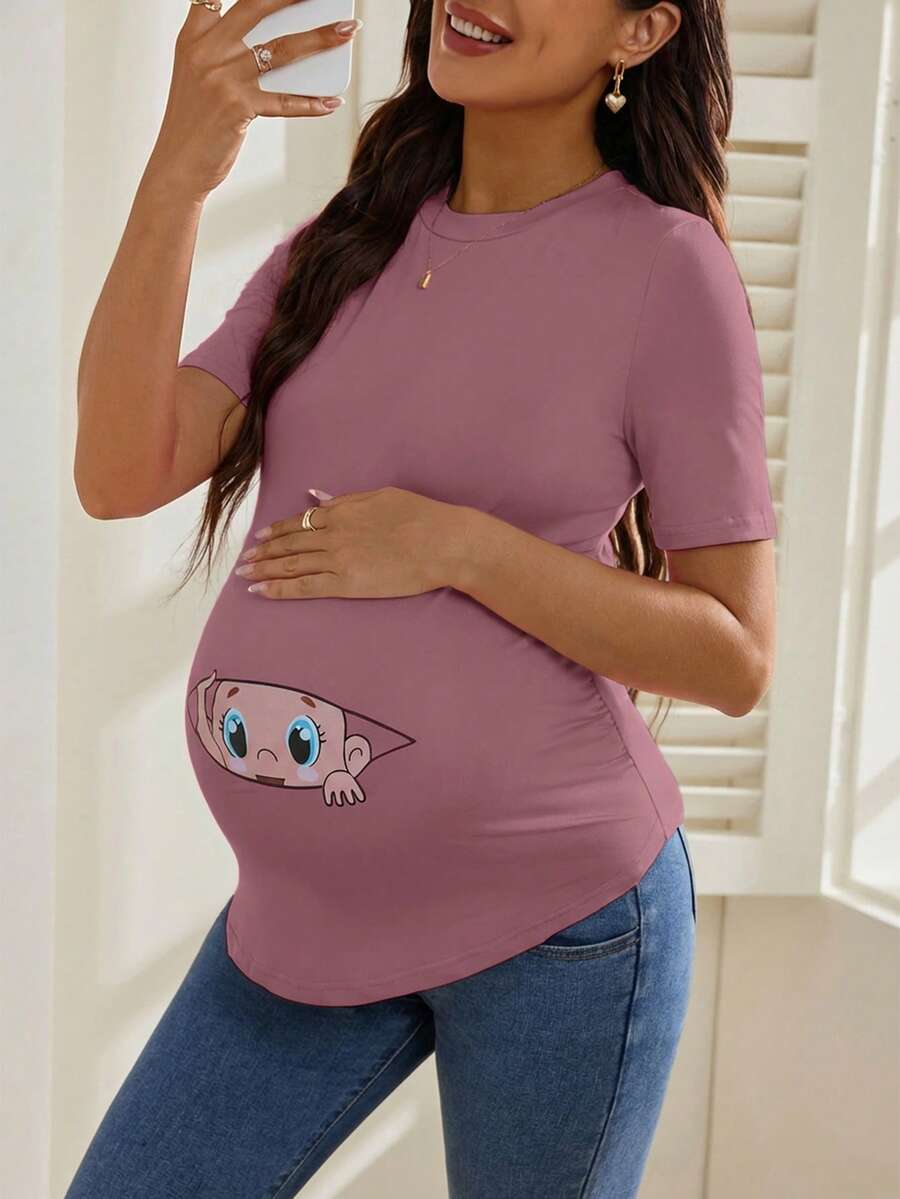Maternity Cartoon Animal Print Short Sleeve T-Shirt - Blue Round Neck Ruched Side Casual Knit Top for Daily Wear