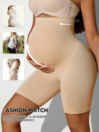 High-Waisted Maternity Belly Support Shorts, Seamless Beige Animal Print Pregnancy Shapewear, Soft Stretch Maternity Underwear