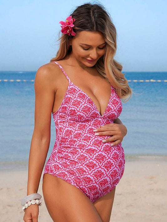 Maternity One-Piece Swimsuit - Floral Print Spring Summer Beach Vacation
