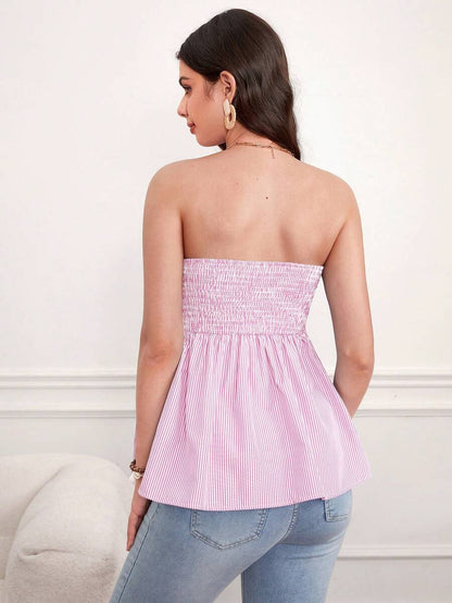 Striped Maternity Bandeau Peplum Top - Strapless Color Block Tie Front Top with Frill Trim