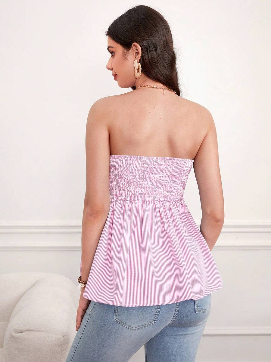 Navy Blue Striped Frill Trim Maternity Babydoll Tube Top Strapless Front Tie Flared Hem Summer Beach Vacation Sleeveless Top