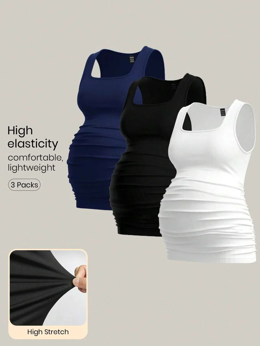 Maternity Ruched Tank Top 3-Pack - Square Neck, Slim Fit, Multicolor