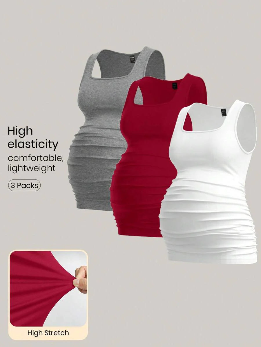 Maternity Ruched Tank Top 3-Pack - Square Neck, Slim Fit, Multicolor