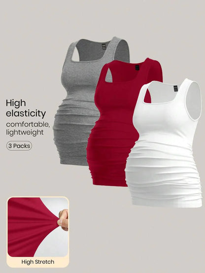 Maternity Ruched Tank Top 3-Pack - Square Neck, Slim Fit, Multicolor