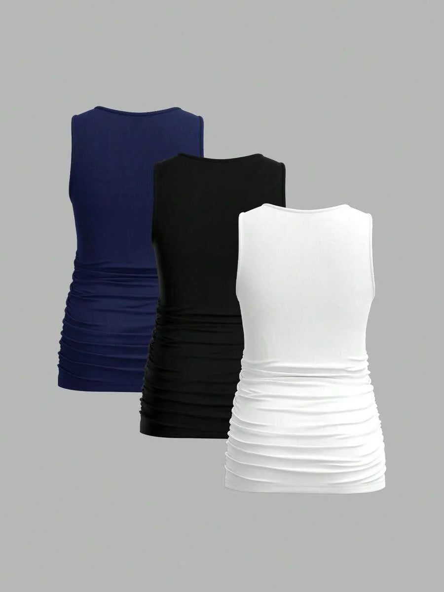 Maternity Ruched Tank Top 3-Pack - Square Neck, Slim Fit, Multicolor