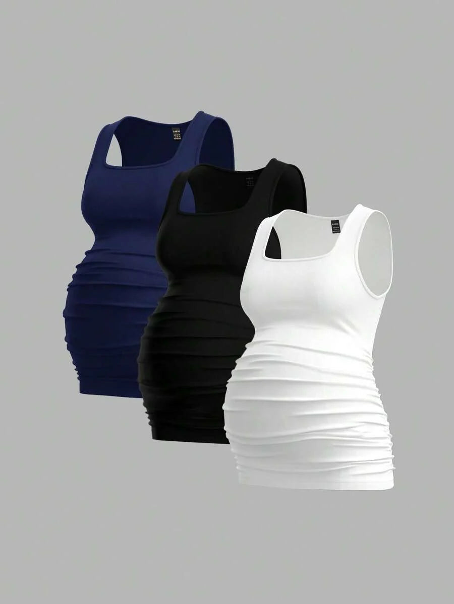 Maternity Ruched Tank Top 3-Pack - Square Neck, Slim Fit, Multicolor