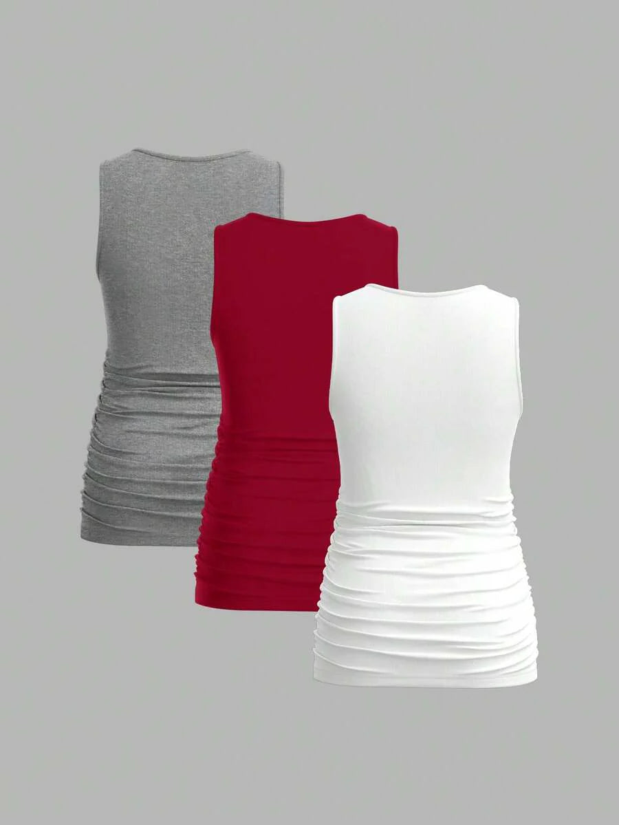 Maternity Ruched Tank Top 3-Pack - Square Neck, Slim Fit, Multicolor