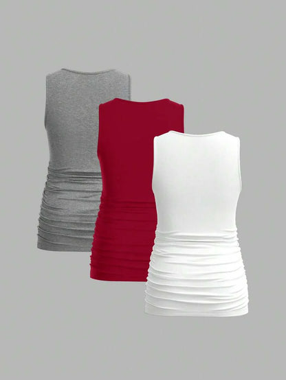 Maternity Ruched Tank Top 3-Pack - Square Neck, Slim Fit, Multicolor