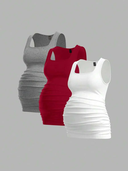 Maternity Ruched Tank Top 3-Pack - Square Neck, Slim Fit, Multicolor