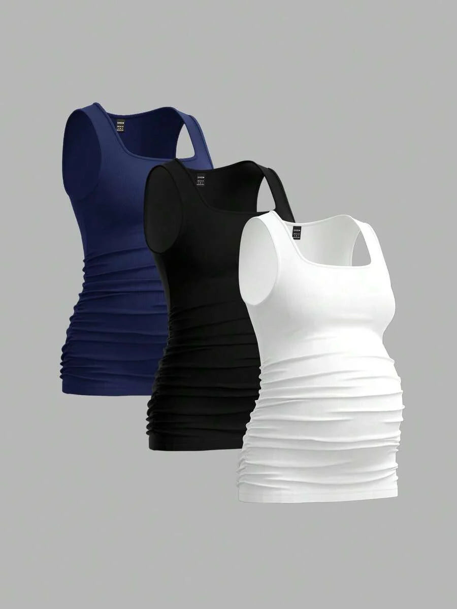 Maternity Ruched Tank Top 3-Pack - Square Neck, Slim Fit, Multicolor