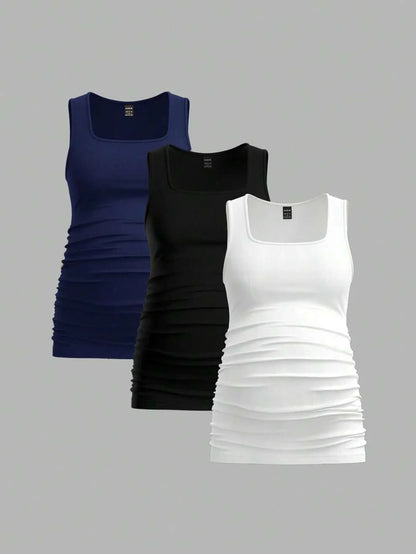 Maternity Ruched Tank Top 3-Pack - Square Neck, Slim Fit, Multicolor
