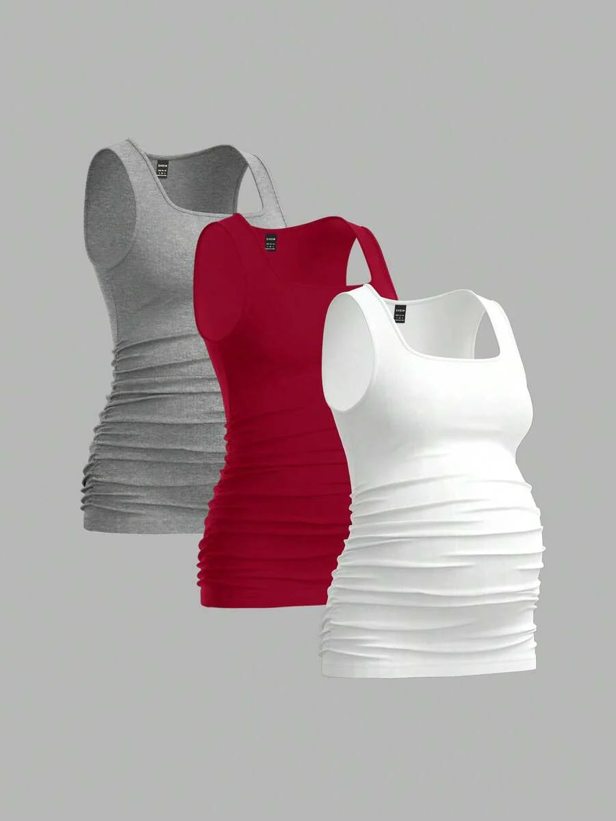 Maternity Ruched Tank Top 3-Pack - Square Neck, Slim Fit, Multicolor