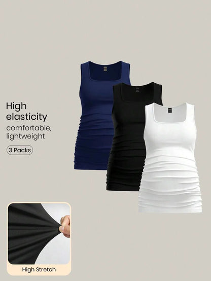 Maternity Ruched Tank Top 3-Pack - Square Neck, Slim Fit, Multicolor
