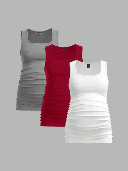 Maternity Ruched Tank Top 3-Pack - Square Neck, Slim Fit, Multicolor