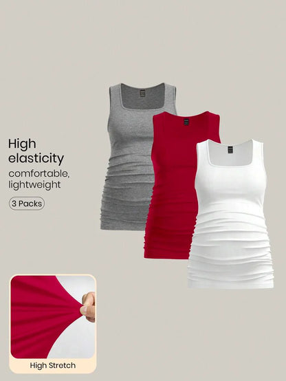 Maternity Ruched Tank Top 3-Pack - Square Neck, Slim Fit, Multicolor