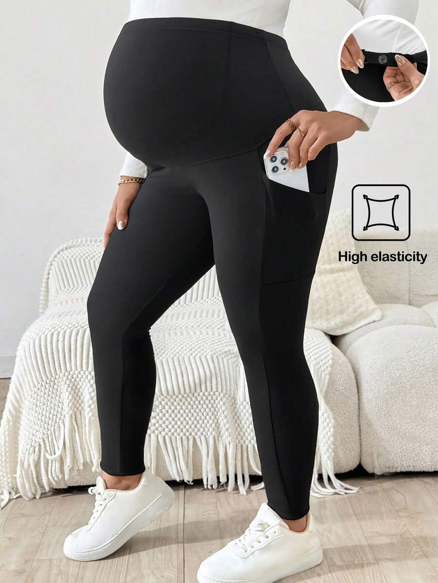 Plus Size Maternity Leggings - Adjustable Waist, Phone Pocket, Ultra High Waist, Slim Fit, Royal Blue