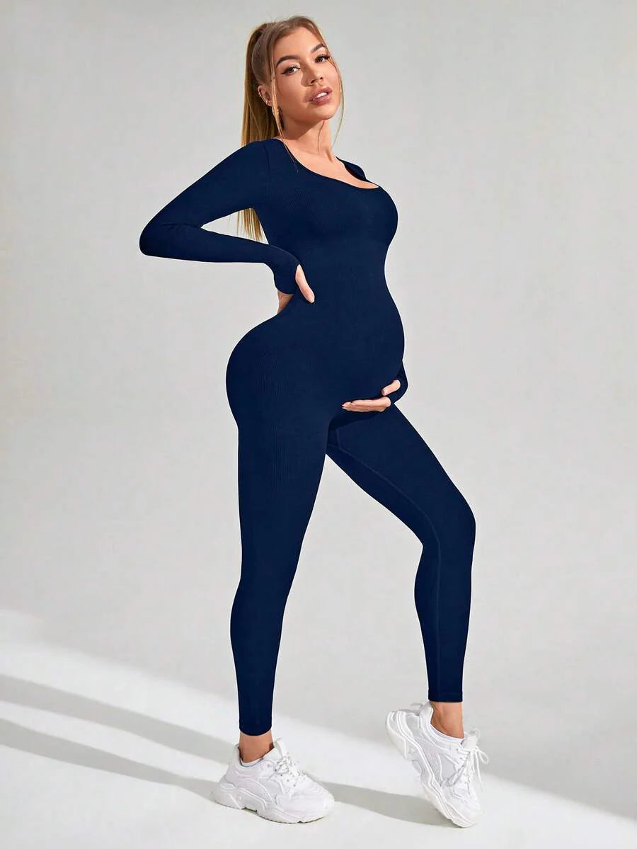 Pregnant Women's Ribbed Round Neck Jumpsuit For Maternity With Long Sleeve