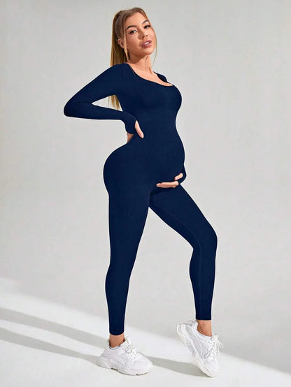 Pregnant Women's Ribbed Round Neck Jumpsuit For Maternity With Long Sleeve