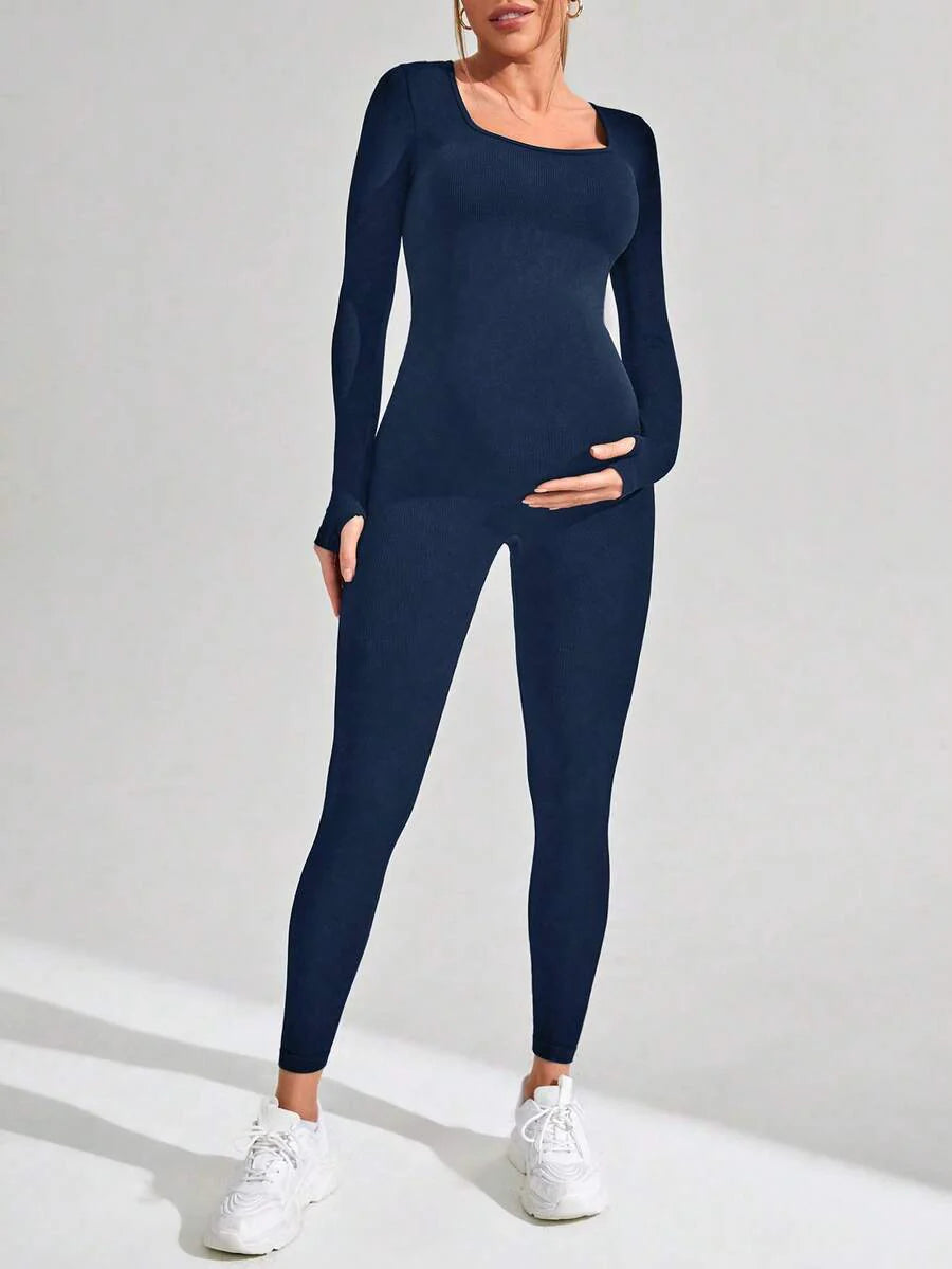 Pregnant Women's Ribbed Round Neck Jumpsuit For Maternity With Long Sleeve