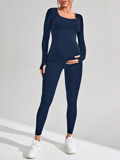 Pregnant Women's Ribbed Round Neck Jumpsuit For Maternity With Long Sleeve