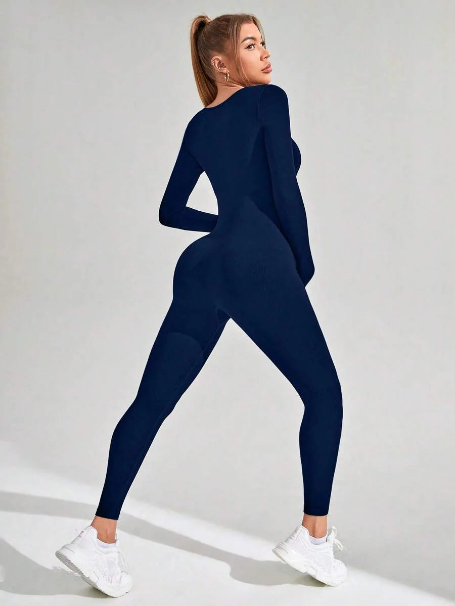 Pregnant Women's Ribbed Round Neck Jumpsuit For Maternity With Long Sleeve