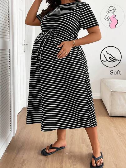 Plus Size Maternity Striped Midi Dress - Round Neck, Short Sleeve, Drawstring, High Waist, Black