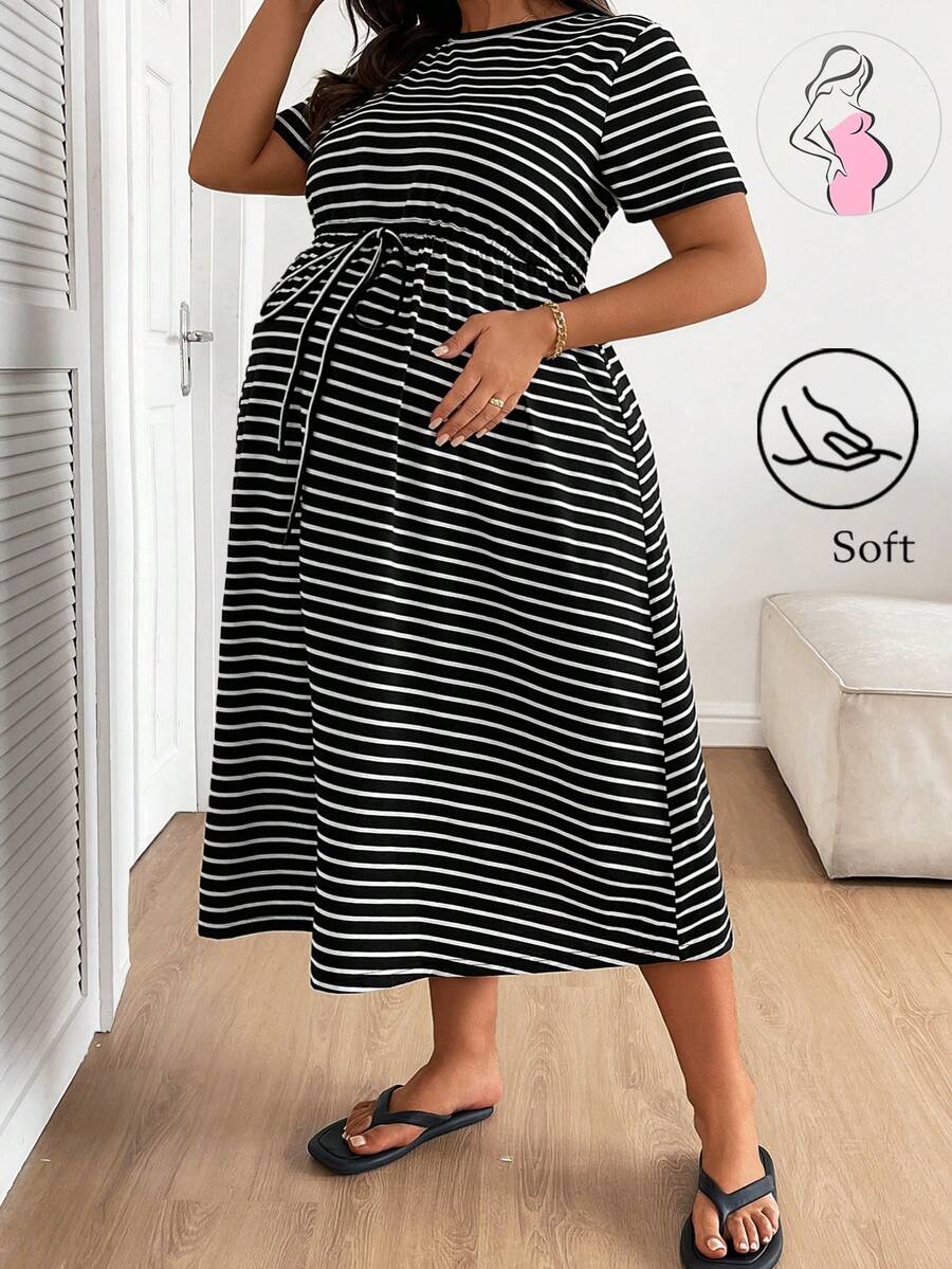 Plus Size Maternity Striped Midi Dress - Round Neck, Short Sleeve, Drawstring, High Waist, Black