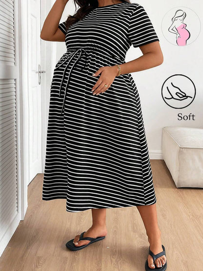 Plus Size Maternity Striped Midi Dress - Round Neck, Short Sleeve, Drawstring, High Waist, Black