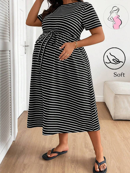 Plus Size Maternity Striped Midi Dress - Round Neck, Short Sleeve, Drawstring, High Waist, Black