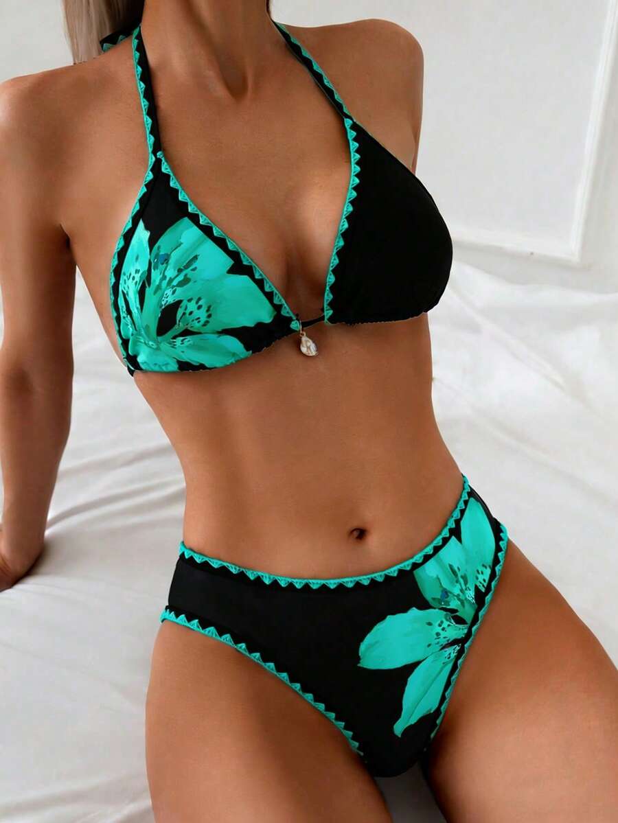 Women's 2-Piece Floral Halter Bikini Set - Triangle Cup, Low Waist, Multicolor