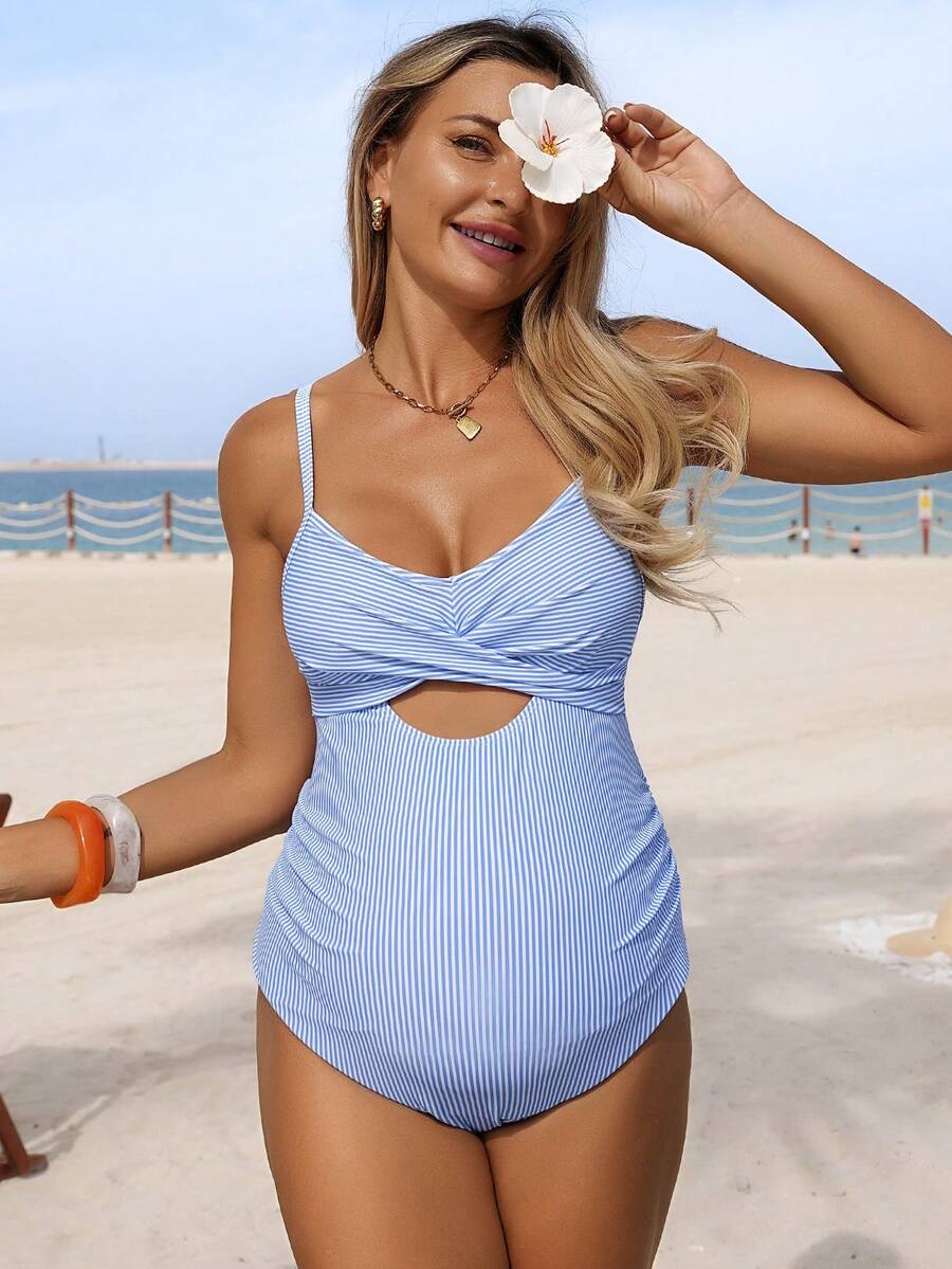 Maternity Striped Spaghetti Strap One-Piece Swimsuit For Beach Vacation