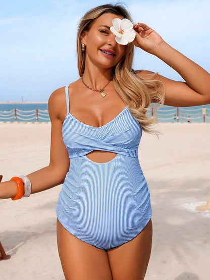 Maternity Striped Spaghetti Strap One-Piece Swimsuit For Beach Vacation