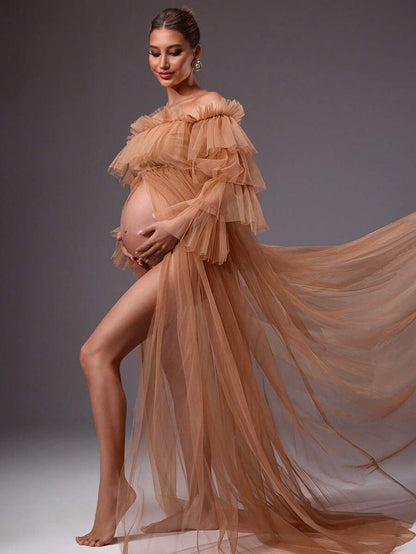 MaterniChic Pregnant Women's Elegant Mesh Sheer Off Shoulder Frill Trim Dress, Summer