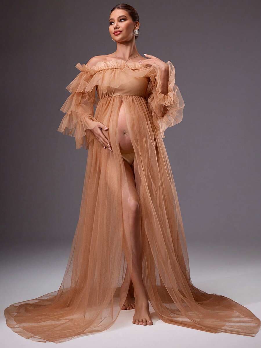 MaterniChic Pregnant Women's Elegant Mesh Sheer Off Shoulder Frill Trim Dress, Summer